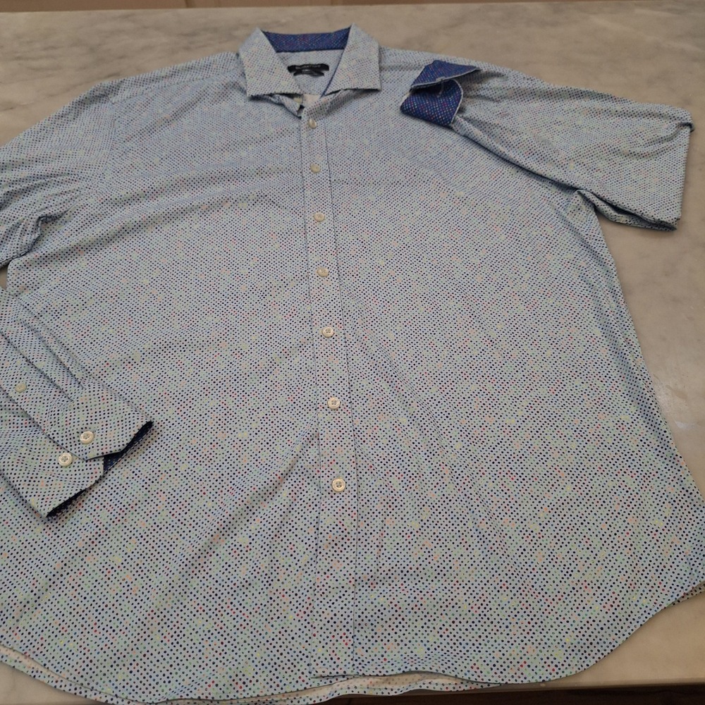 Bugatchi Colorful Flip Cuff Button Down Shirt XXL Dots Blue Classic Fit Stretch - Picture 4 of 8
